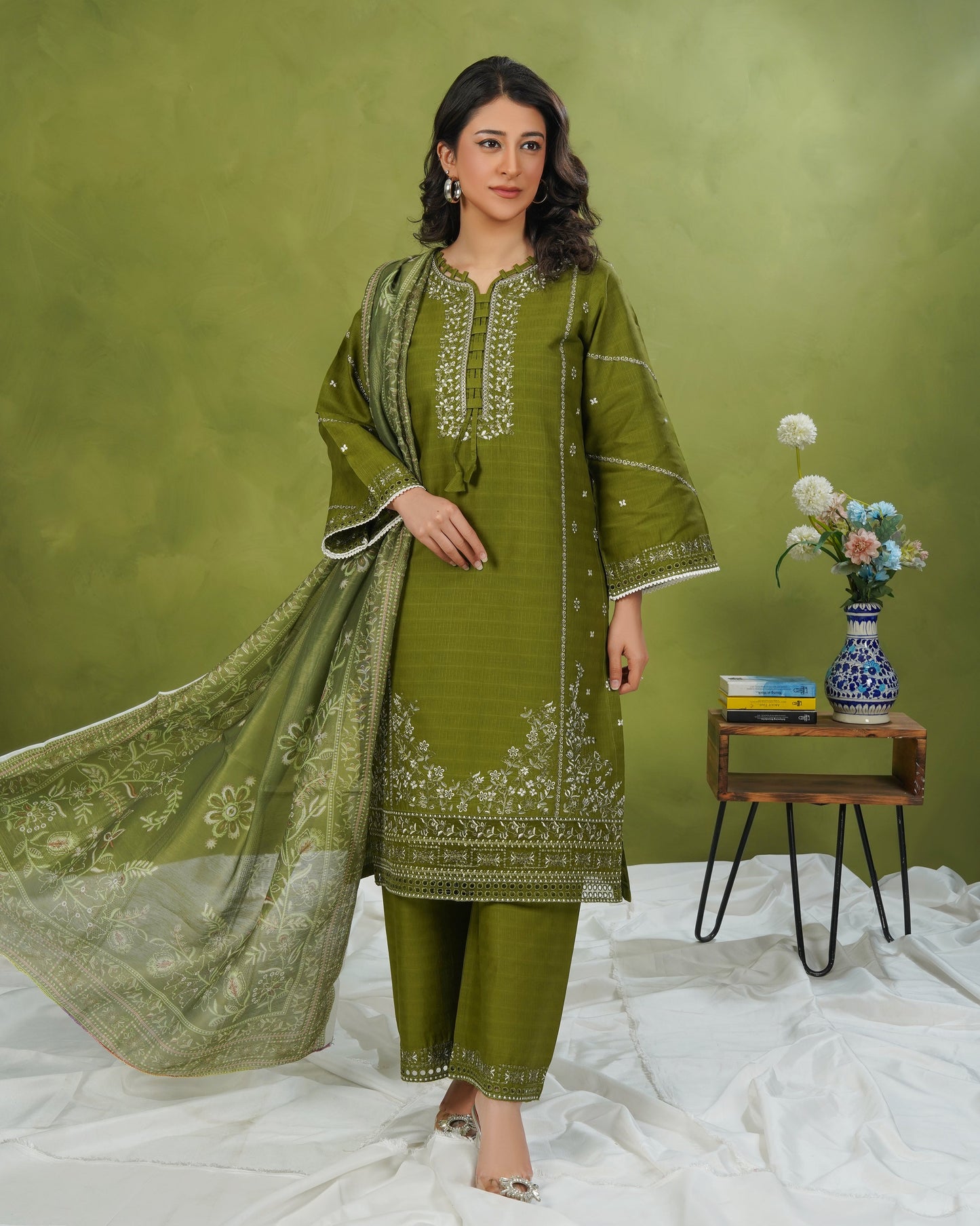 Olive Green 3-Piece Stitched Suit