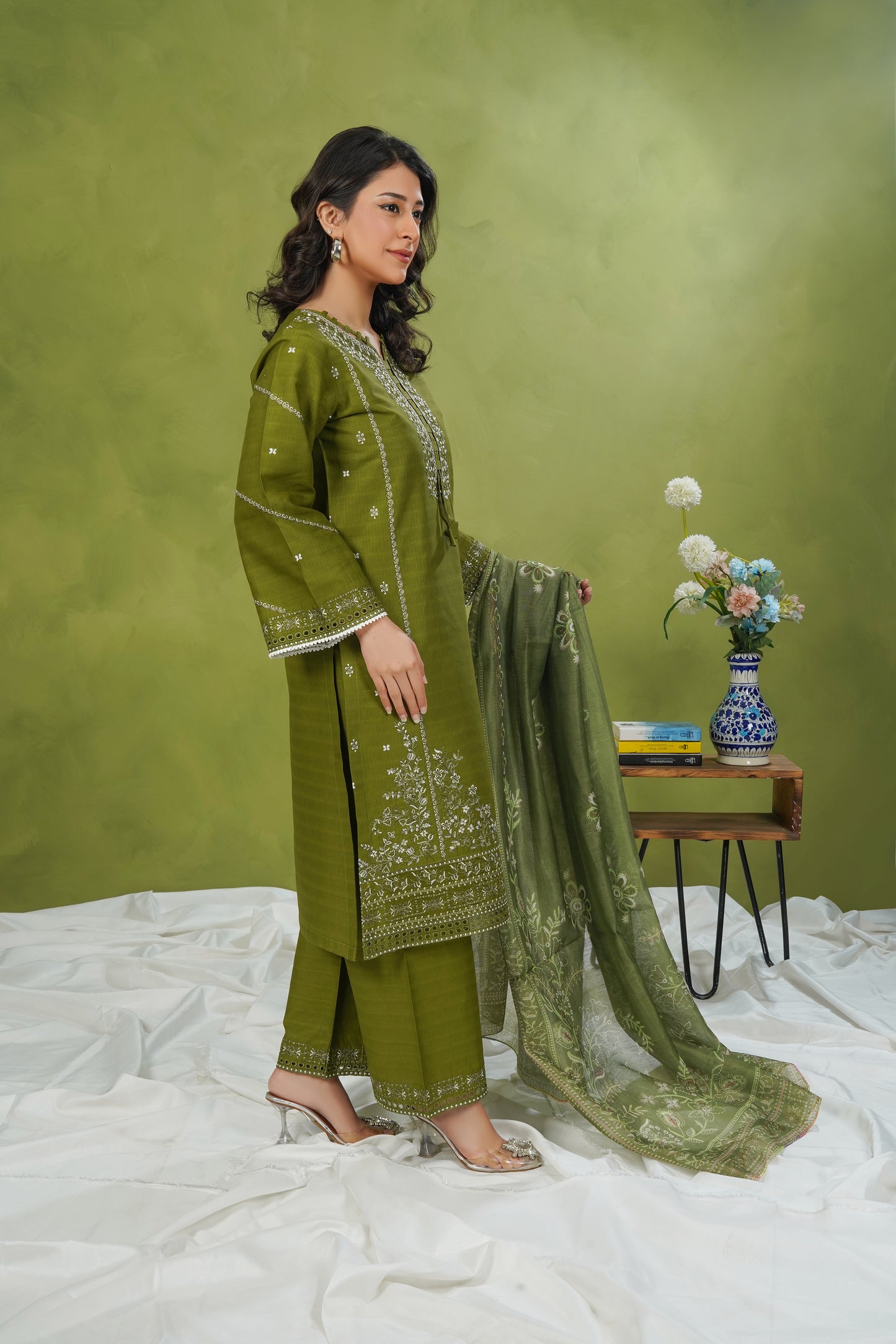 Olive Green 3-Piece Stitched Suit