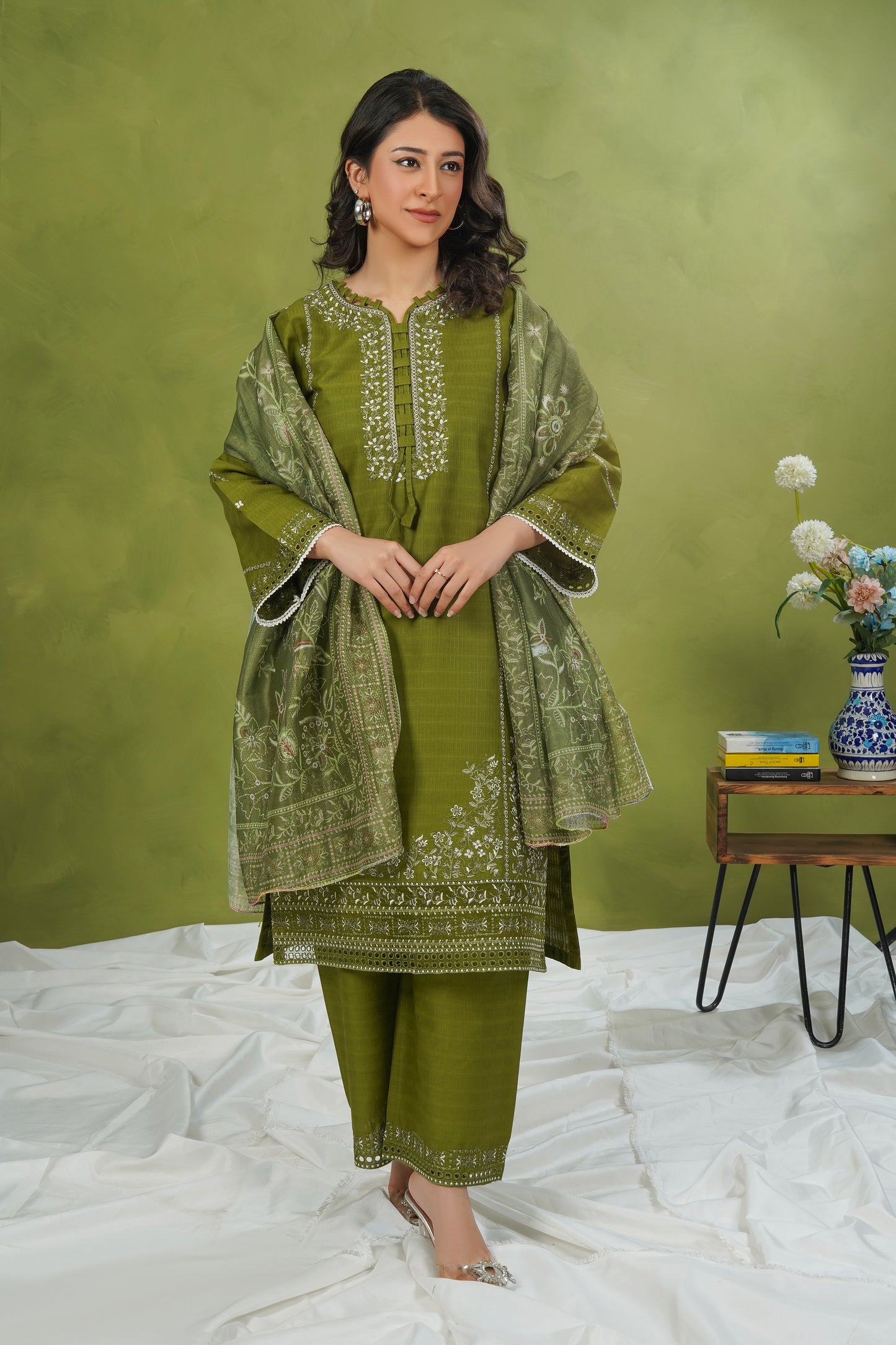 Olive Green 3-Piece Stitched Suit