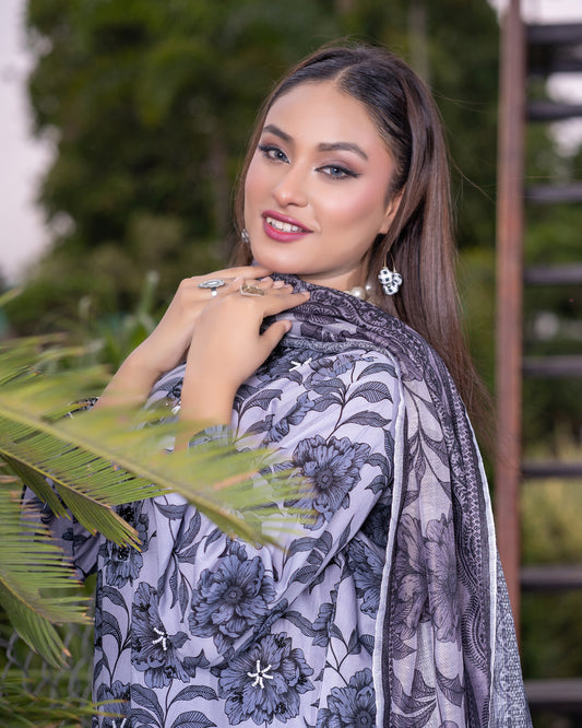 Charcoal Bloom - 3PC Stitched Print Lawn