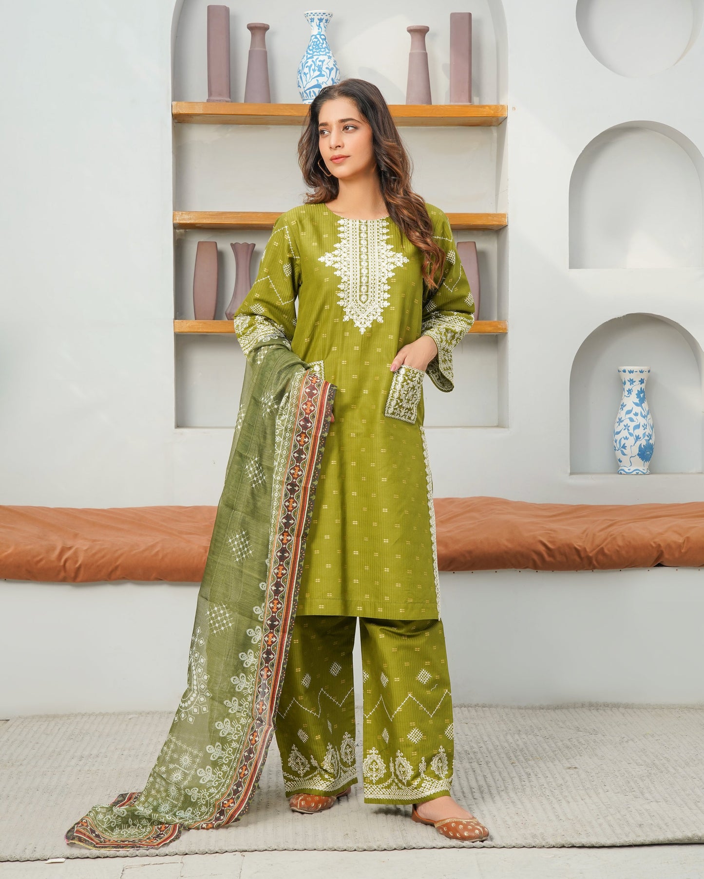 Olive Green Charm 3-Piece Stitched Suit