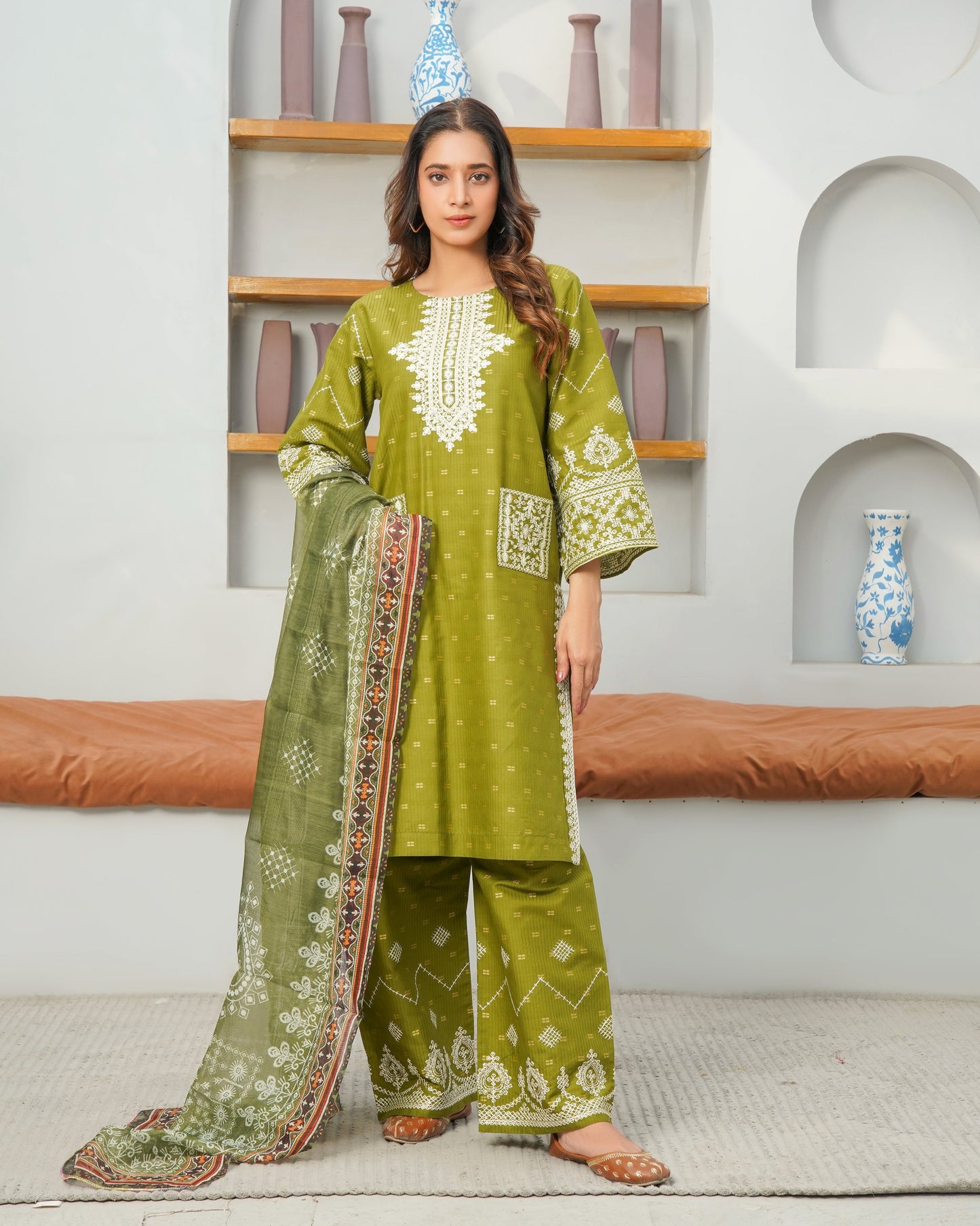 Olive Green Charm 3-Piece Stitched Suit