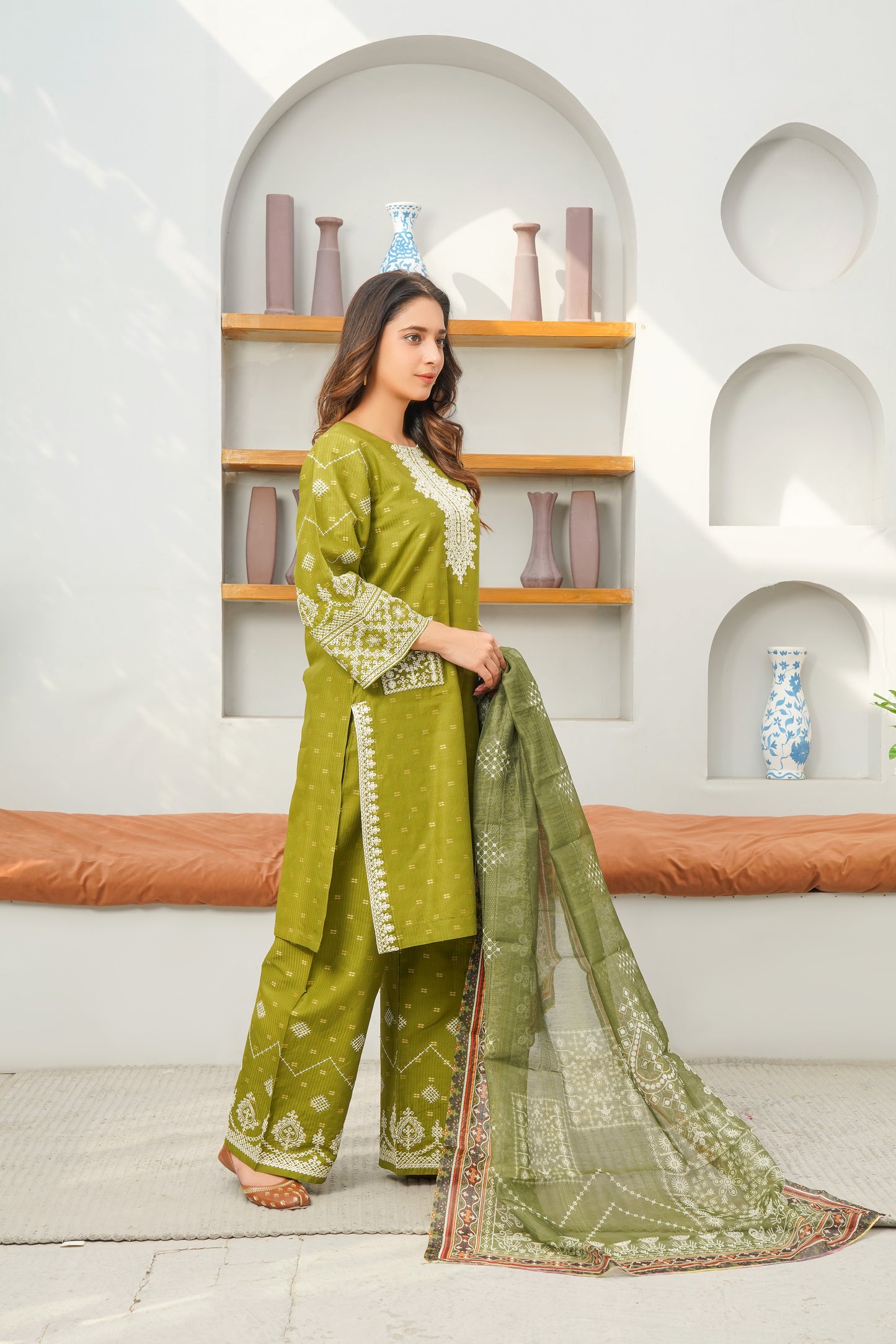 Olive Green Charm 3-Piece Stitched Suit