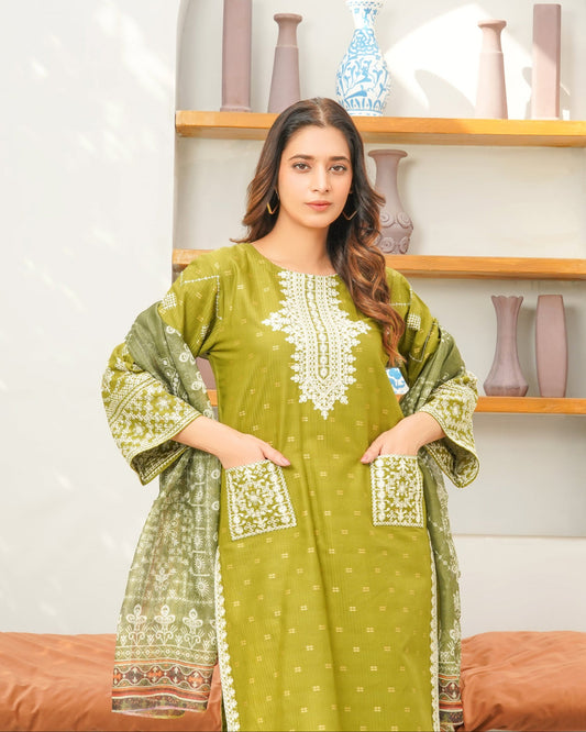 Olive Green Charm 3-Piece Stitched Suit