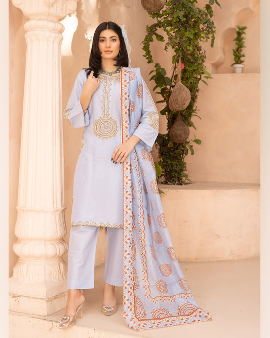 Sky Grace – 3 Piece Stitched Cotton Suit