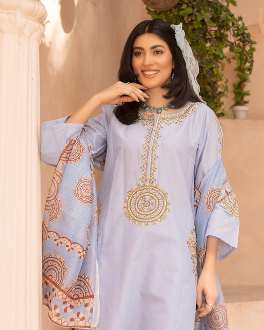 Sky Grace – 3 Piece Stitched Cotton Suit