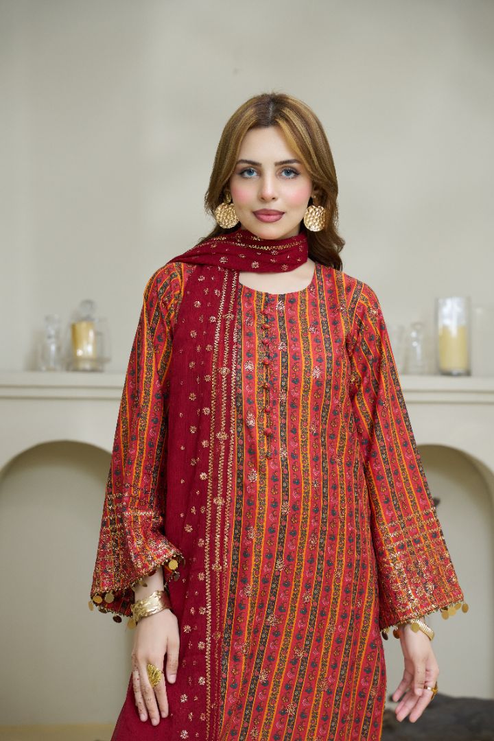Premium Printed 3PC Suit – Crimson Elegance