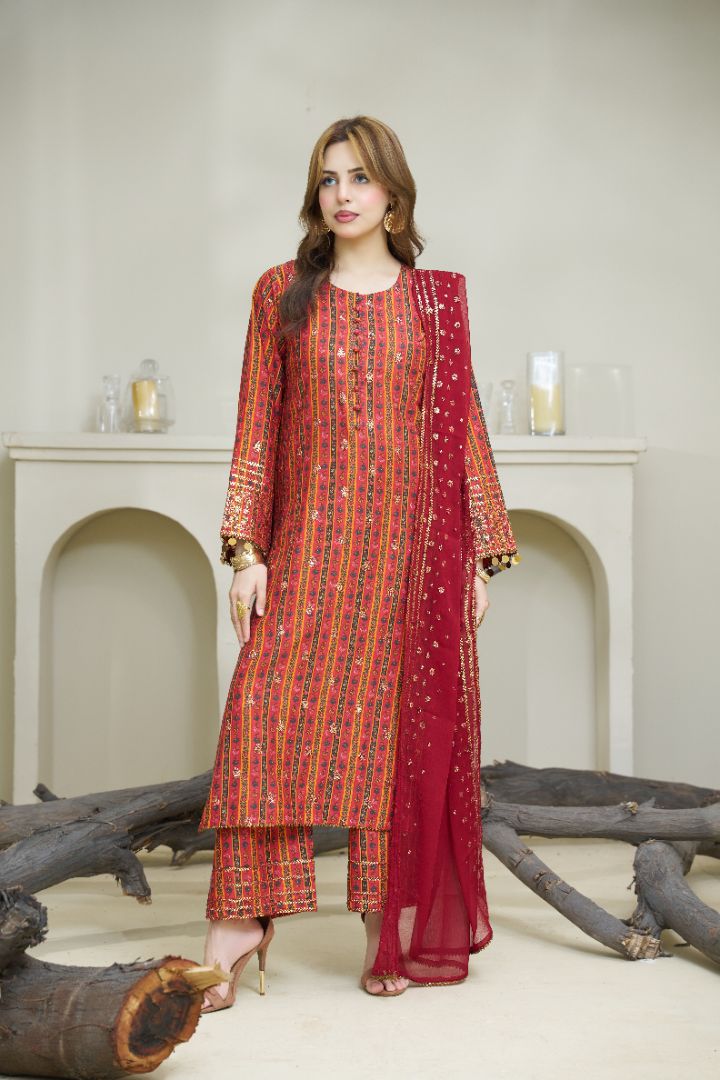 Premium Printed 3PC Suit – Crimson Elegance