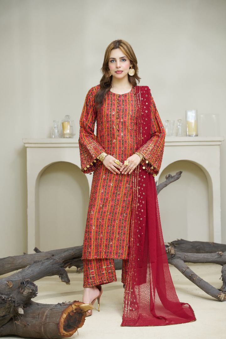 Premium Printed 3PC Suit – Crimson Elegance
