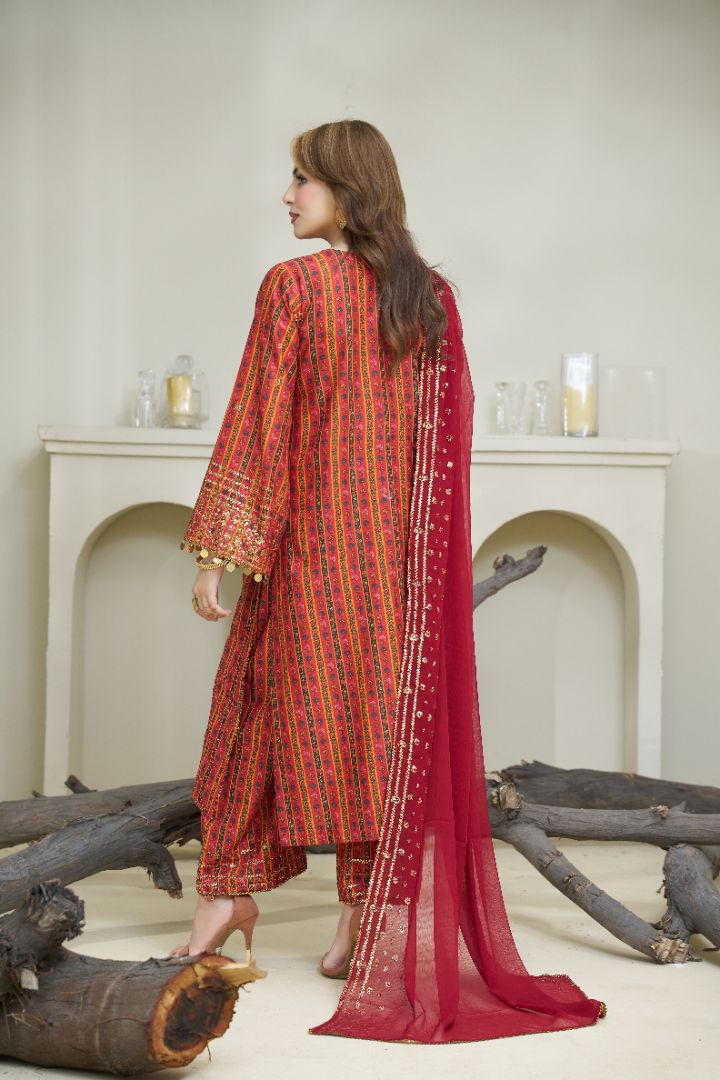 Premium Printed 3PC Suit – Crimson Elegance