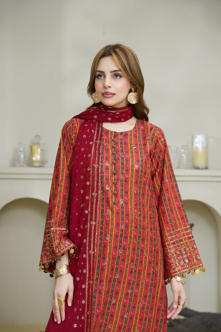 Premium Printed 3PC Suit – Crimson Elegance