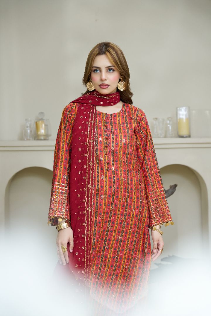 Premium Printed 3PC Suit – Crimson Elegance