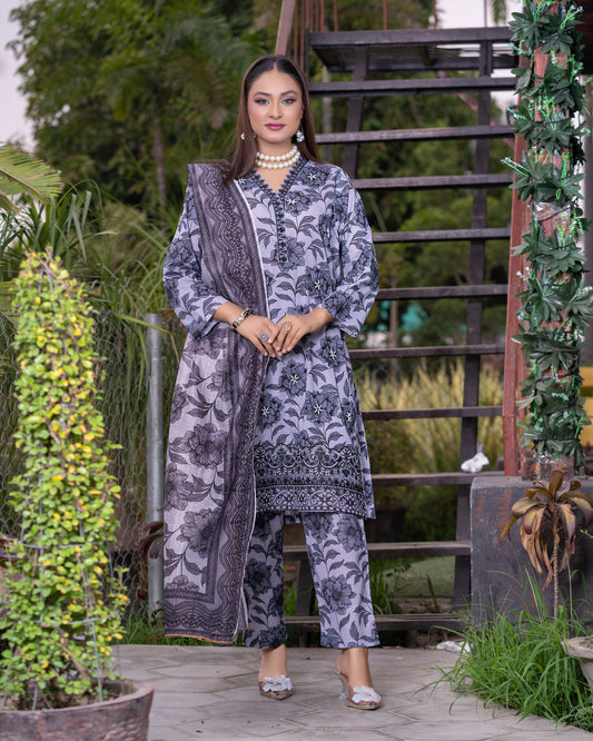 Charcoal Bloom - 3PC Stitched Print Lawn